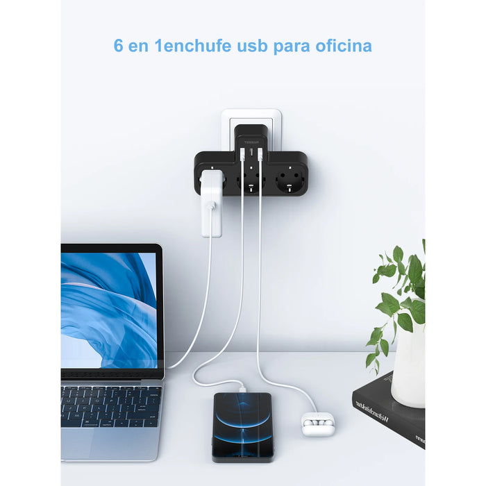 Enchufe TESSAN EU con 3 salidas de CA + 3 puertos USB, cargador de pared 6 en 1 con protección contra sobrecarga para el hogar