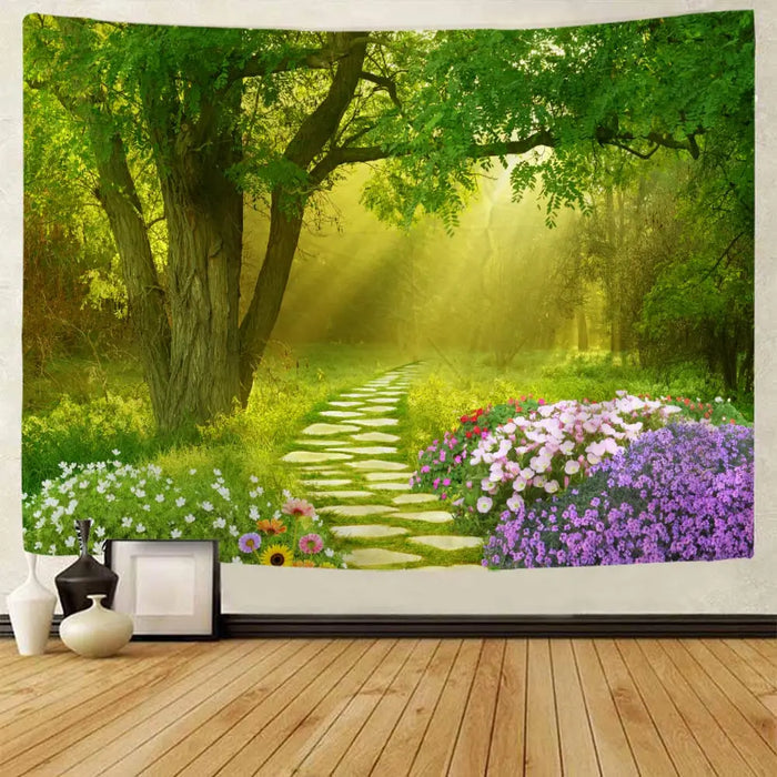 Belle tapisserie murale nature avec imprimé cascade et forêt, bonnet d'inspiration hippie, décoration murale mandala bohème