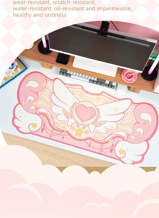 GeekShare Gaming-Mauspad, groß, 84 x 37 cm, Kawaii-Rosa-Stern-Flügel, Schreibtischunterlage, Büromatte, rutschfeste, wasserdichte Matte