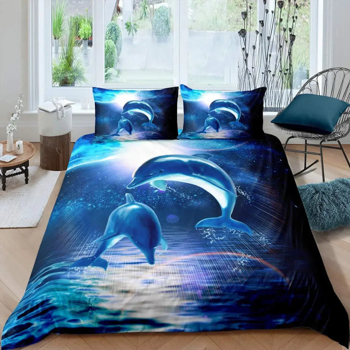 Juego de cama 3D con motivo de delfines - Motivo de mar azul en tamaño Queen y King para niños y adultos