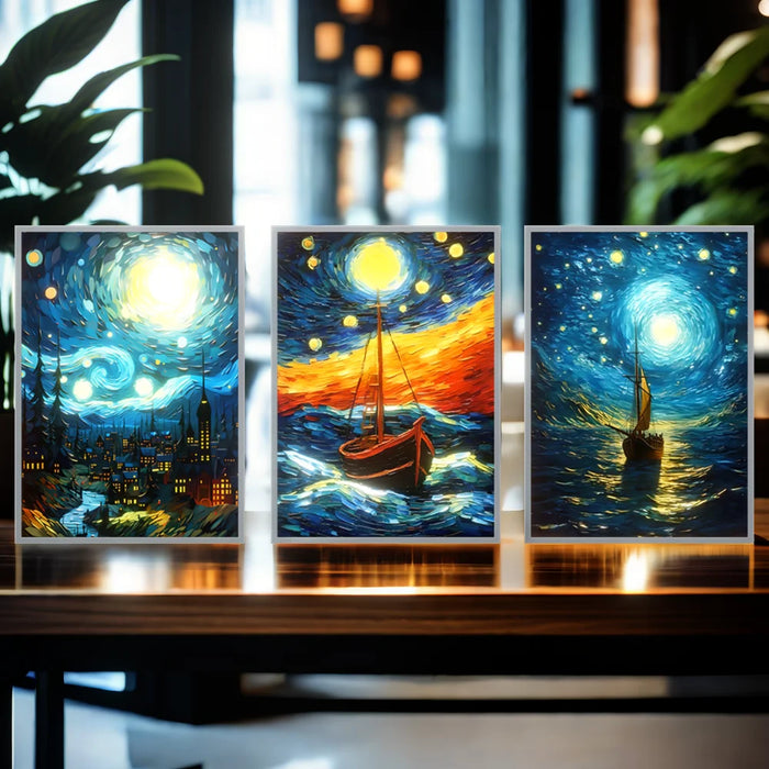 Pintura al óleo creativa y brillante del cielo estrellado de Van Gogh, decoración conectada por USB para sala de estar, dormitorio y entrada, lámpara de ambiente única como regalo