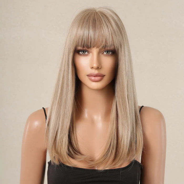 Perruque blonde avec mèches brunes – Perruque synthétique longue et lisse pour femme, aspect naturel avec frange, résistante à la chaleur pour cosplay