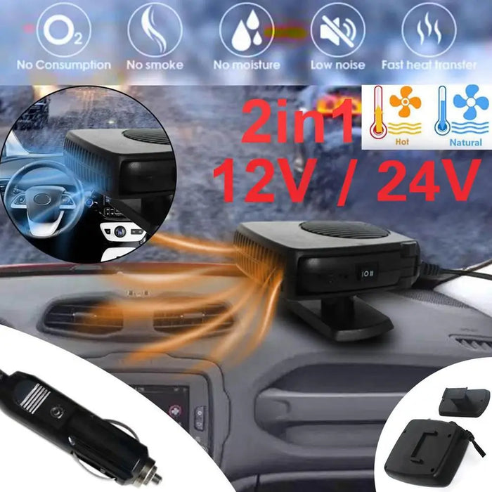 Chauffage de voiture portable 2 en 1 12 V/24 V 200 W – Désembueur et dégivreur de pare-brise efficace pour les jours froids