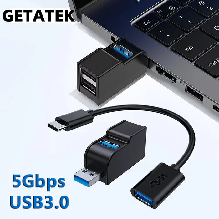 Getatek USB 3,0 HUB adaptador extensor Mini caja divisora ​​1 a 3 puertos USB 2,0 de alta velocidad para PC portátil lector de tarjetas de disco U