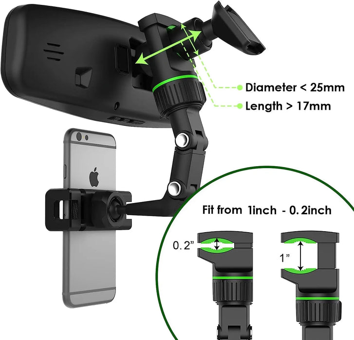 Support de rétroviseur pour téléphone avec rotation à 360° et fonction extensible - Support de voiture multifonctionnel pour toutes les voitures