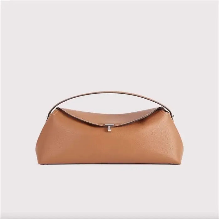 Chic Minimalist Single Shoulder Baguette Handbag with T Lock Closure in High-Quality Calfskin