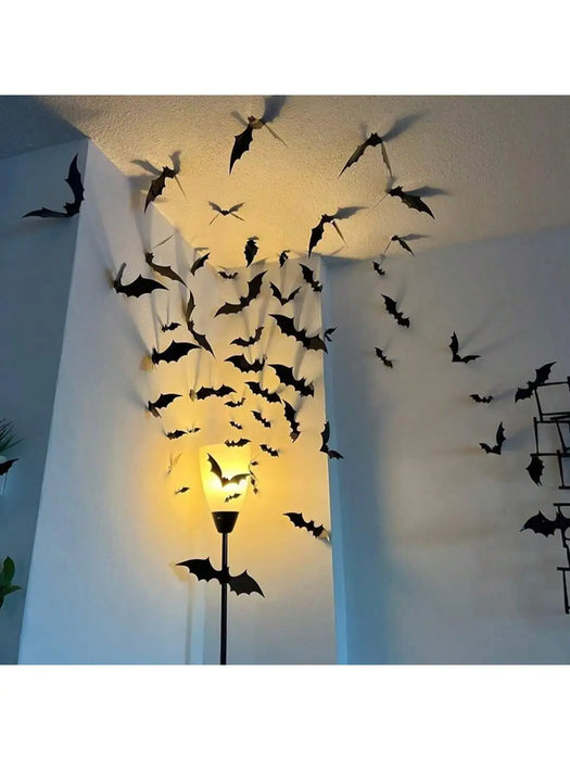 Paquete de 60 decoraciones de murciélagos negros 3D - Decoraciones de pared impermeables para Halloween