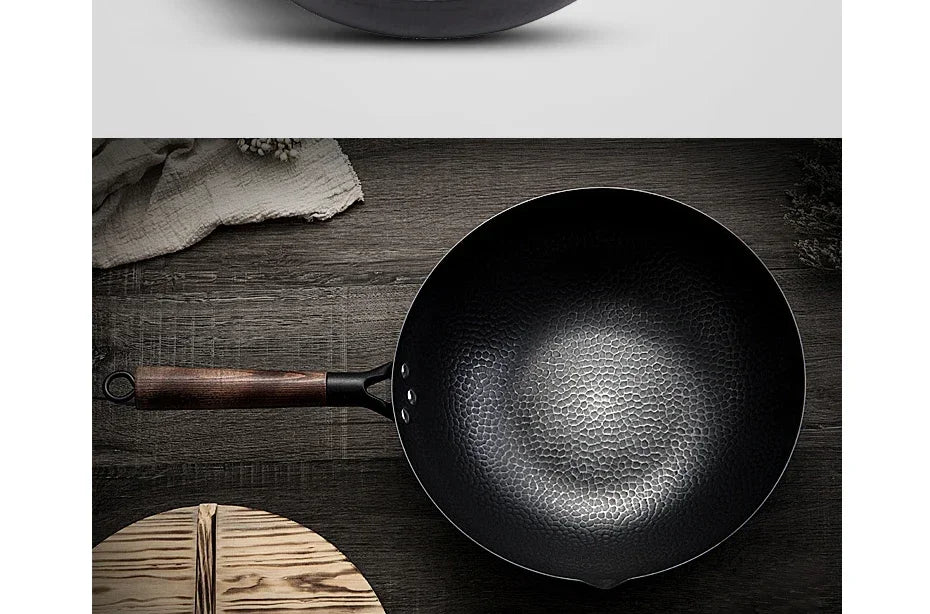 Wok Tradicional de 32 cm en Acero al Carbono - Antiadherente Premium con Tapa de Madera para todo tipo de fogones