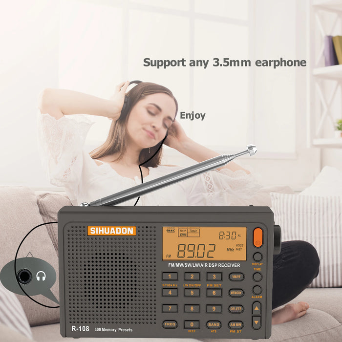 SIHUADON R-108 Radio FM stéréo portable avec réception numérique, fonction d'alarme, horloge et affichage de la température