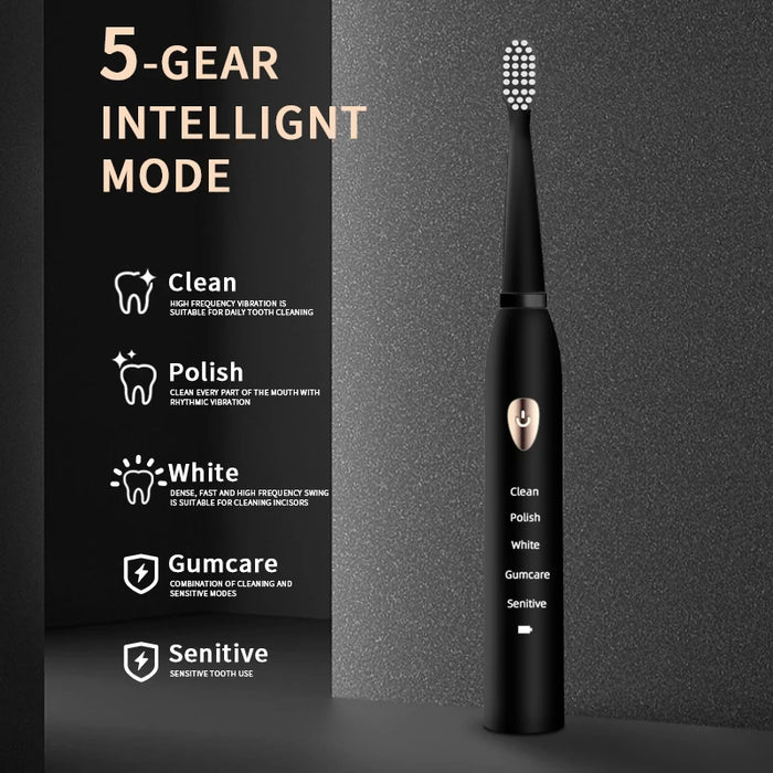 Jianpai – brosse à dents électrique acoustique classique pour adulte, noir et blanc, avec fonction 5 modes, chargement USB, étanche IPX7