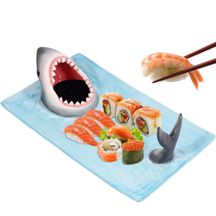 Plato de sushi de cerámica con forma de tiburón - Plato de sushi de porcelana de estilo japonés de 12,9 × 7,8 × 3,9 pulgadas