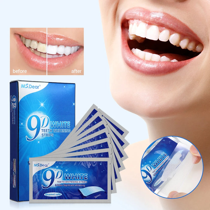 Paquet de 14 bandes de blanchiment des dents 9D avec Gel dentifrice-bandes élastiques doubles pour usage domestique et facettes de fausses dents