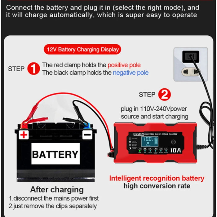 Cargador de batería universal de 12 V 10 A - Solución de carga de 14,6 V 10 A para motocicletas eléctricas, Lifepo4, plomo ácido y reparación inteligente de baterías de litio