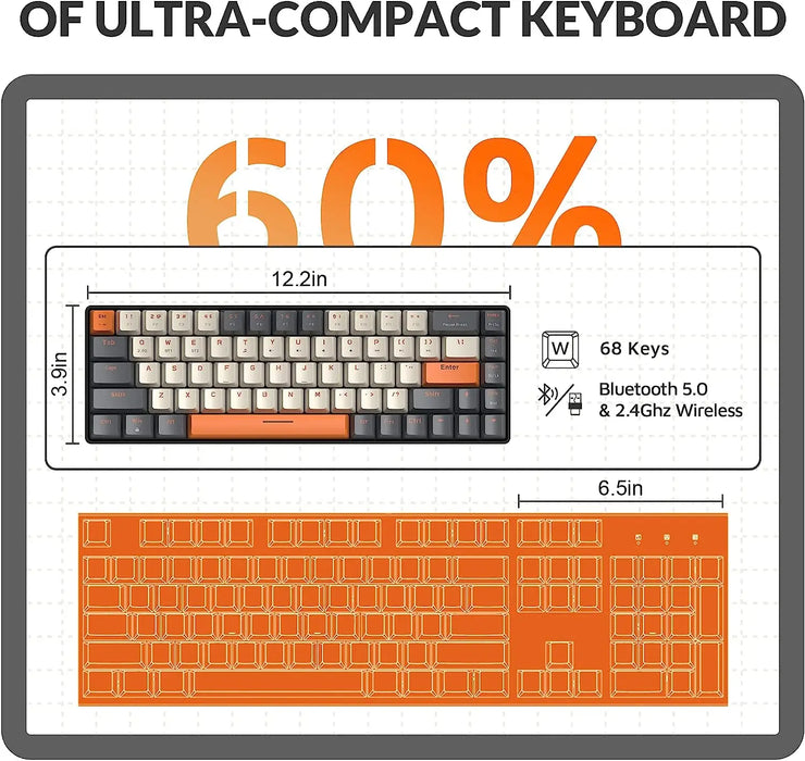 Teclado mecánico compacto 60 % inalámbrico: Bluetooth de 68 teclas con interruptores rojos intercambiables en caliente