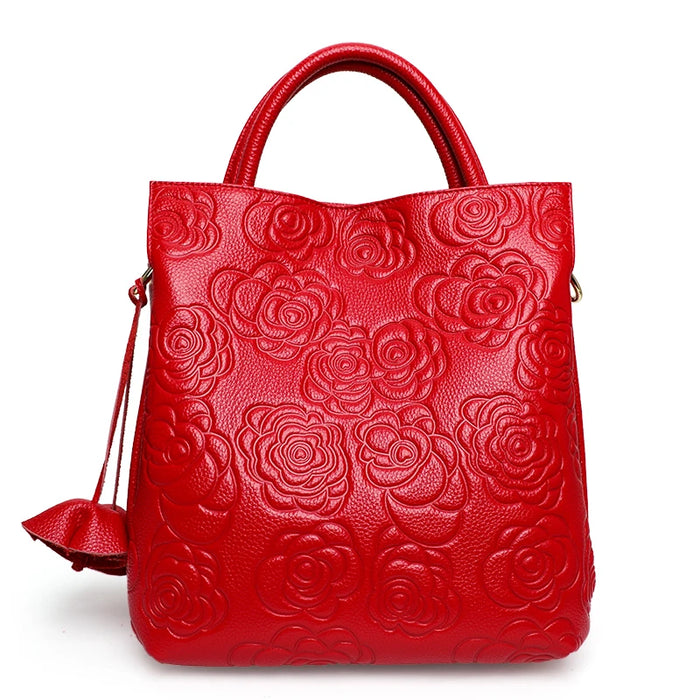 Elegant Floral Embossed Women's Leather Crossbody Bag, Spacious Top Grain Cowhide Bucket Bag