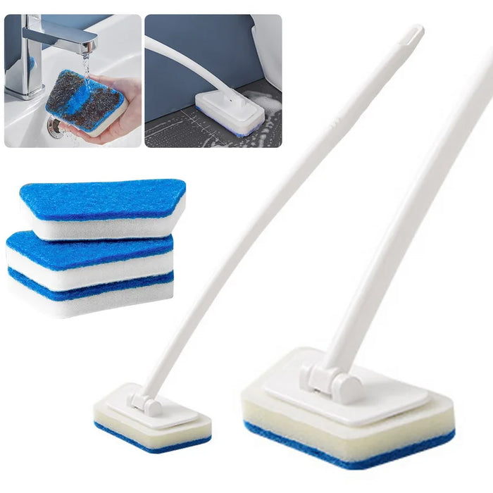 Brosse de nettoyage polyvalente en éponge de bain avec manche long, brosse amovible pour sol et baignoire, carreaux de céramique