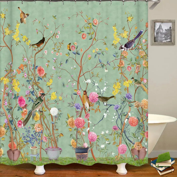 Rideau de douche en forme d'arbre à fleurs et oiseaux de Style chinois, imperméable, décor de salle de bain avec crochets, rideau de bain imprimé en 3D