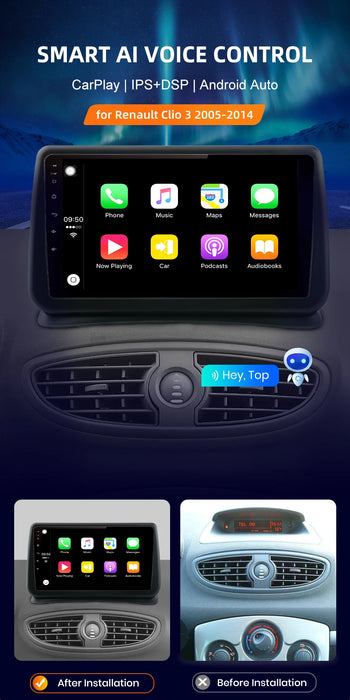 Autoradio CarPlay sans fil AWESAFE PX9 pour Renault Clio 3 2005-2014 - Système multimédia avec Android Auto et fonctionnalités intelligentes