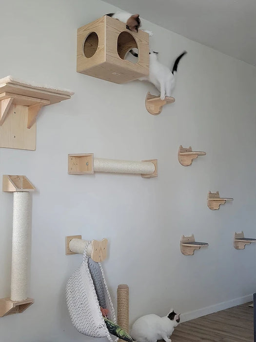 Wall-Mounted Cat Climbing Shelf with Ladders and Sisal Ropes for Clogging and Resting for Cats and Kittens