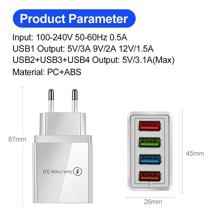 Chargeur USB EU US Plug 3A avec 4 ports et Quick Charge 3.0 pour mobile et tablette