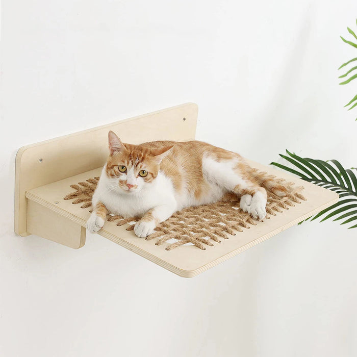 Wandmontierte Katzenbett-Hängematte für große Katzen aus Holz und Sisalseil mit Regalen und Plattformen für Katzenmöbel und zum Springen