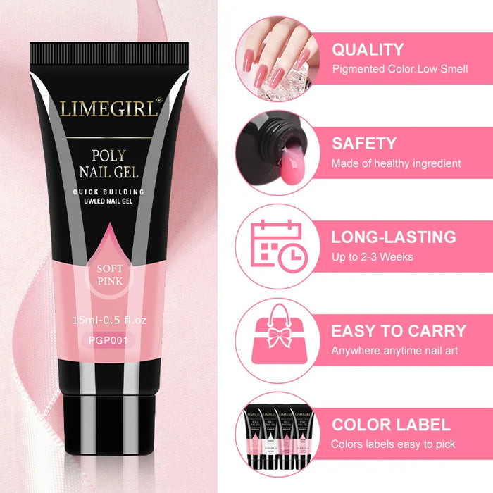 LIMEGIRL Juego de gel de extensión de uñas con lámpara LED UV – Kit de extensión y modelado rápido de uñas, gel semipermanente para juego de manicura