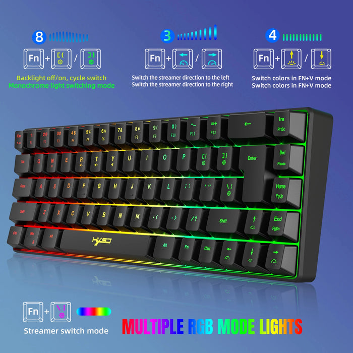 Teclado compacto para juegos de 68 teclas con 20 luces RGB, con cable USB para Windows y portátiles