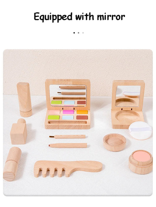 Spiel-Make-up-Set aus Holz für Mädchen – simulierte Schönheitsprodukte mit Lippenstift und Lidschatten – perfektes Geschenk für Kleinkinder