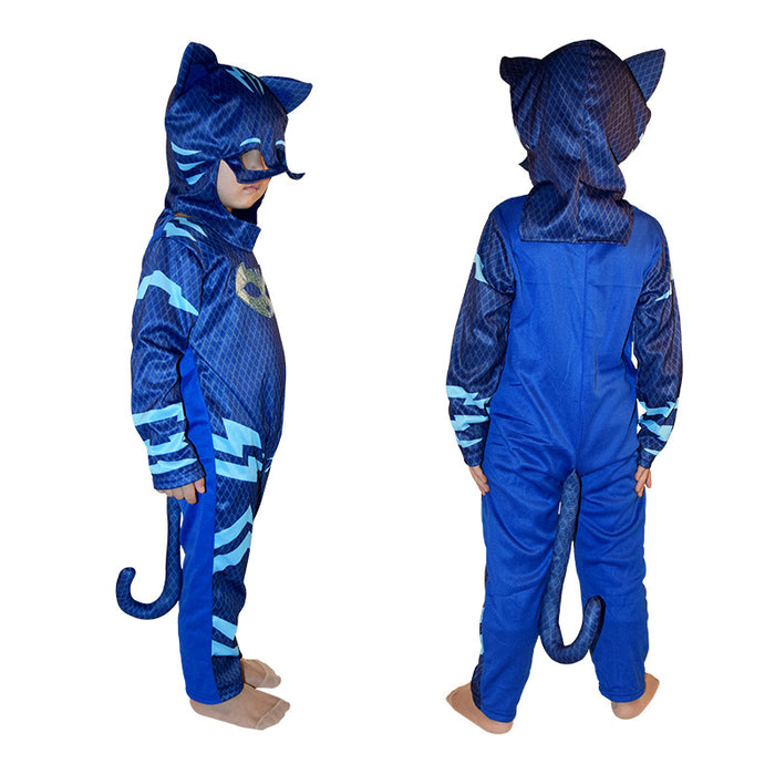 Pijamas para niños de color azul intenso con estampado de gato y perro, disfraz de héroe anime con máscara para cosplay, perfecto para Halloween y fiestas de cumpleaños