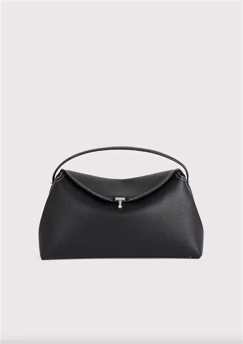 Chic Minimalist Single Shoulder Baguette Handbag with T Lock Closure in High-Quality Calfskin