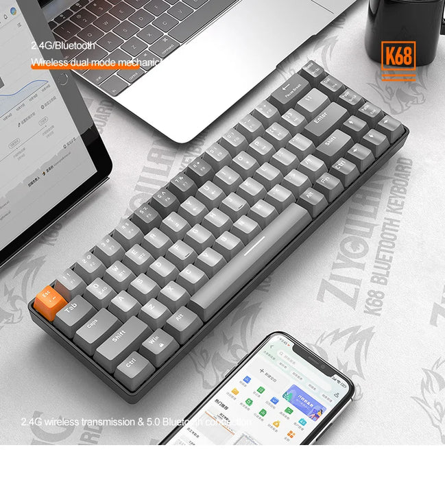 Teclado mecánico compacto 60 % inalámbrico: Bluetooth de 68 teclas con interruptores rojos intercambiables en caliente