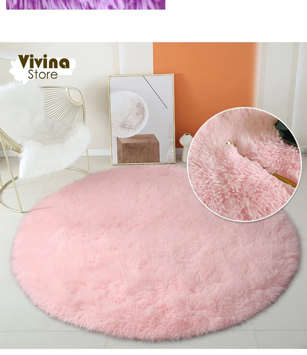 Round Green Plush Rug for Living Room - Fluffy Carpet for Sofa and Chairs, Long-Haired Floor Mat for Bathroom and Kids' Room Décor