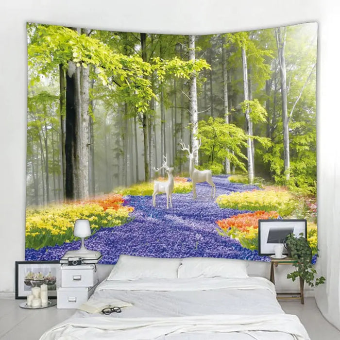 Belle tapisserie murale nature avec imprimé cascade et forêt, bonnet d'inspiration hippie, décoration murale mandala bohème