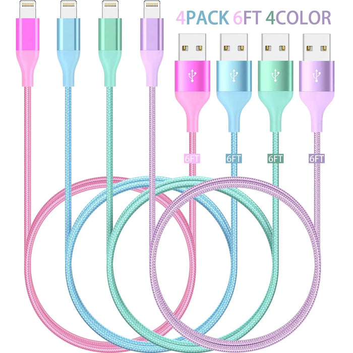 Colorful Kawaii Nylon Braided 6ft MFi Certified Lightning Cable 4-Pack for iPhone 14 13 12 11 Pro MAX Xs XR SE X