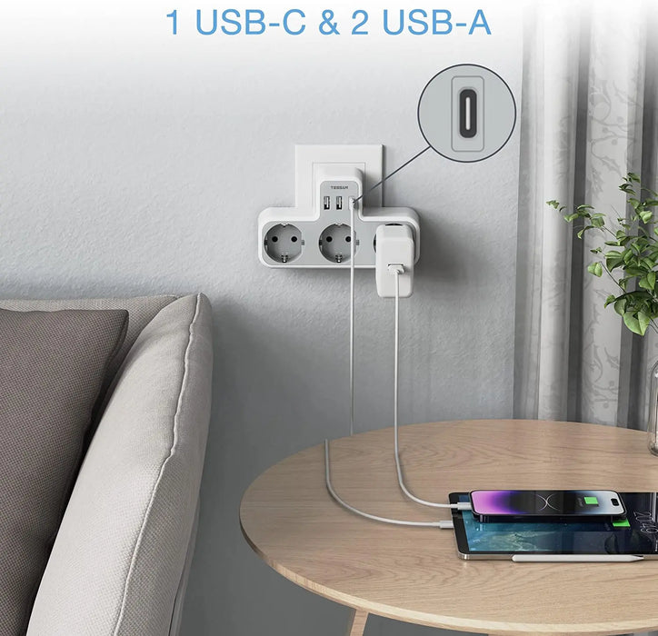 Enchufe TESSAN EU con 3 salidas de CA + 3 puertos USB, cargador de pared 6 en 1 con protección contra sobrecarga para el hogar