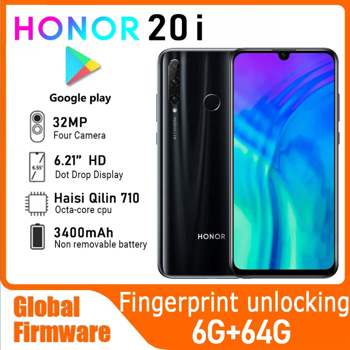 Smartphone HONOR 20i avec firmware global, Android 9.0, processeur Haisi Qilin 710, écran 6,21 pouces, caméra frontale 32MP, téléphone d'occasion