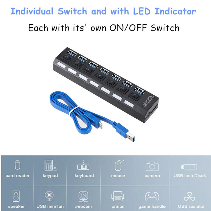 Hub USB 3,0, divisor de concentrador USB, concentrador Multi USB 3,0, divisor de concentrador de 4/7 puertos múltiples con adaptador de corriente, accesorios de ordenador, concentrador para PC