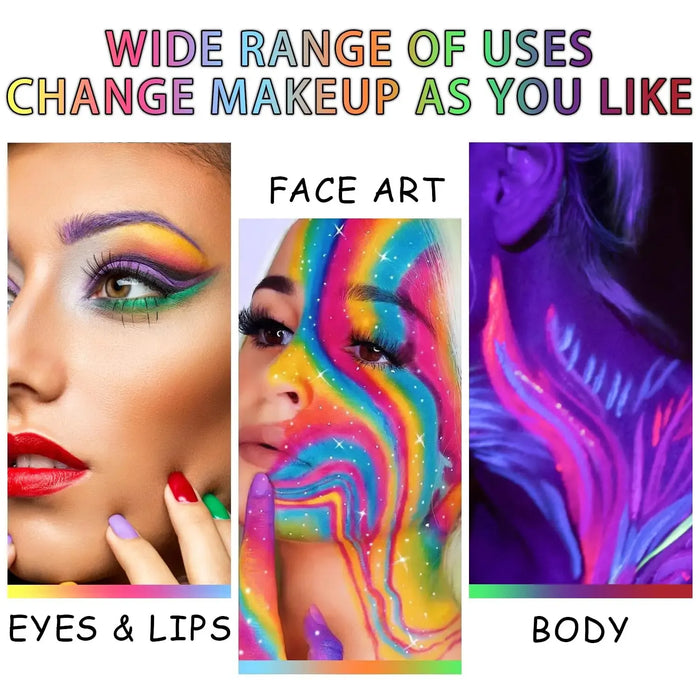 Water-Activated Neon Eyeliner Palette - UV Blacklight Fluorescent Face & Body Paint for Halloween and Festive Looks