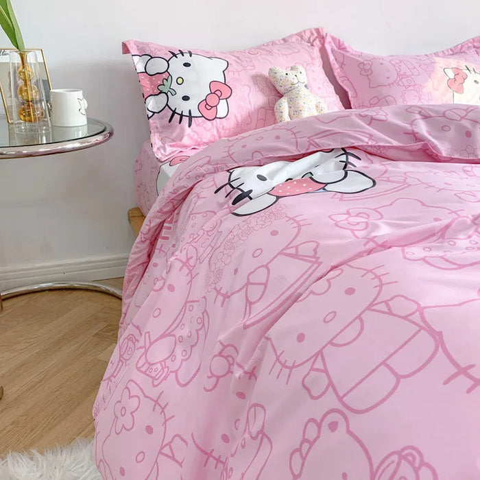 Niedliches Sanrio Hello Kitty Baumwoll-Bettwäsche-Set – vierteilig mit doppeltem Kissenbezug für Flickr-Zimmer und Heimtextilien