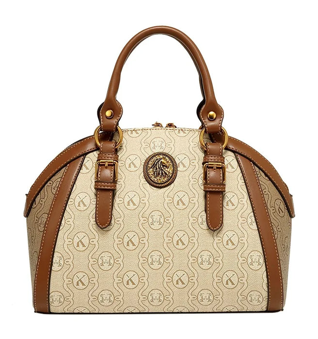 Khaki Vintage Leather Women's Shoulder Bag with Geometric Floral Design and Color Block Accents