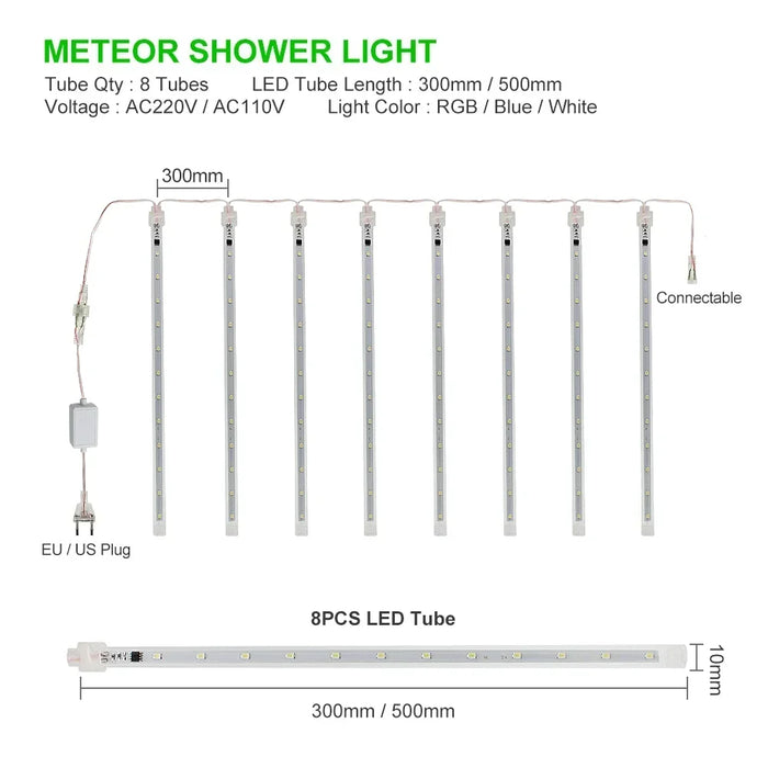 LED-Meteorschauer-Licht für den Außenbereich – wasserfeste Weihnachts- und Festdekoration mit Solarenergie/EU/US-Stecker