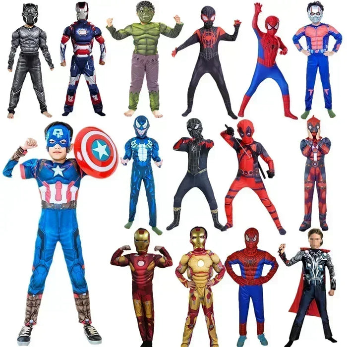 Nuevo traje de superhéroe para niños: juego completo de disfraces de Halloween con Hulk, Iron Man, Spider Man y Superman.