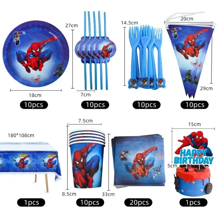 Vaisselle d'anniversaire, mugs, mouchoirs, fourchettes, cuillères et décorations de fête sur le thème de Spider-Man.