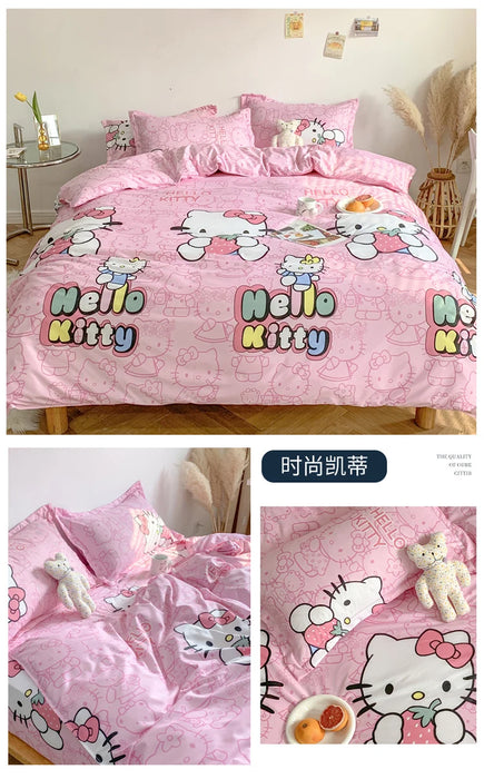 Niedliches Sanrio Hello Kitty Baumwoll-Bettwäsche-Set – vierteilig mit doppeltem Kissenbezug für Flickr-Zimmer und Heimtextilien