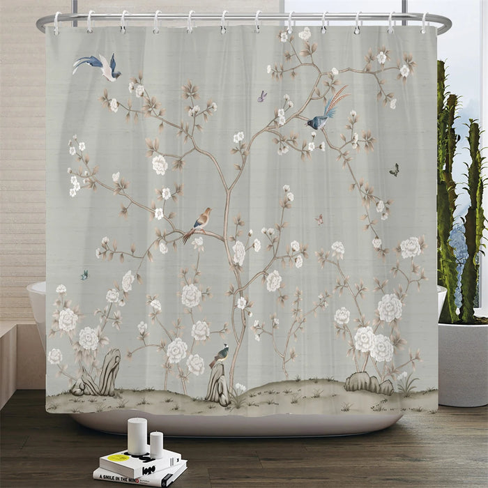 Rideau de douche en forme d'arbre à fleurs et oiseaux de Style chinois, imperméable, décor de salle de bain avec crochets, rideau de bain imprimé en 3D