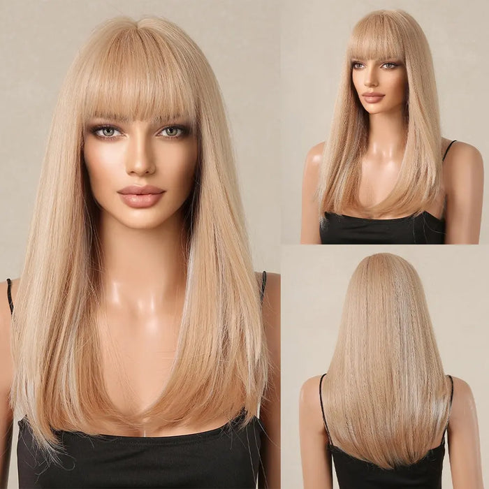 Perruque blonde avec mèches brunes – Perruque synthétique longue et lisse pour femme, aspect naturel avec frange, résistante à la chaleur pour cosplay