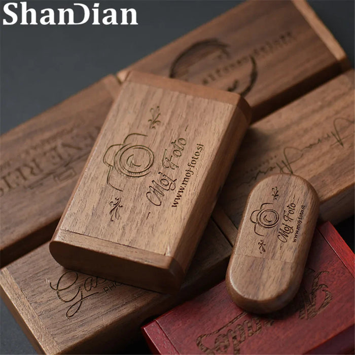 SHANDIAN Free LOGO Wooden + Box USB 2.0 Pen Drive 4GB 16GB 32GB 64GB Flash Drive Wedding Photography Gift U Disk