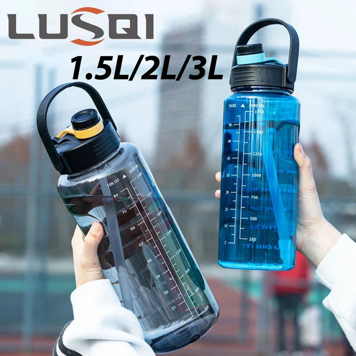 LUSQI High-Capacity Sport Water Bottle 1.5L/2L/3L - Leak-Proof with Straw and Time Markers for Home and Outdoor Activities