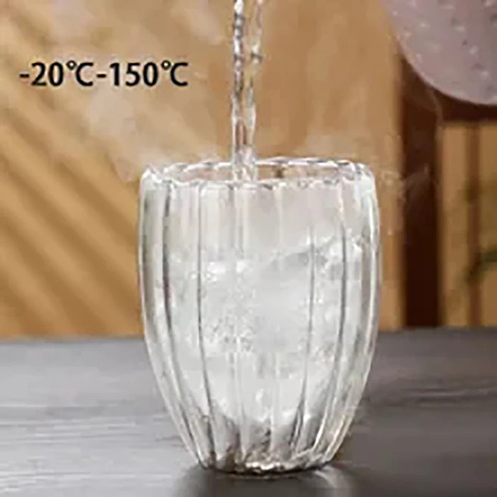 Grande tasse en verre borosilicate à double paroi rayée – Transparente et résistante à la chaleur pour le thé, le lait, les jus, le café, l'eau, le whisky et l'espresso