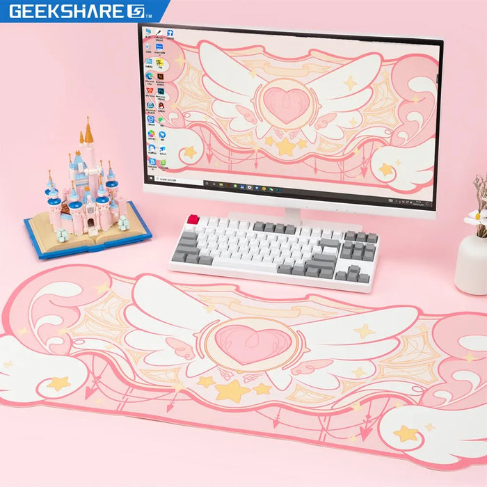 GeekShare Gaming-Mauspad, groß, 84 x 37 cm, Kawaii-Rosa-Stern-Flügel, Schreibtischunterlage, Büromatte, rutschfeste, wasserdichte Matte